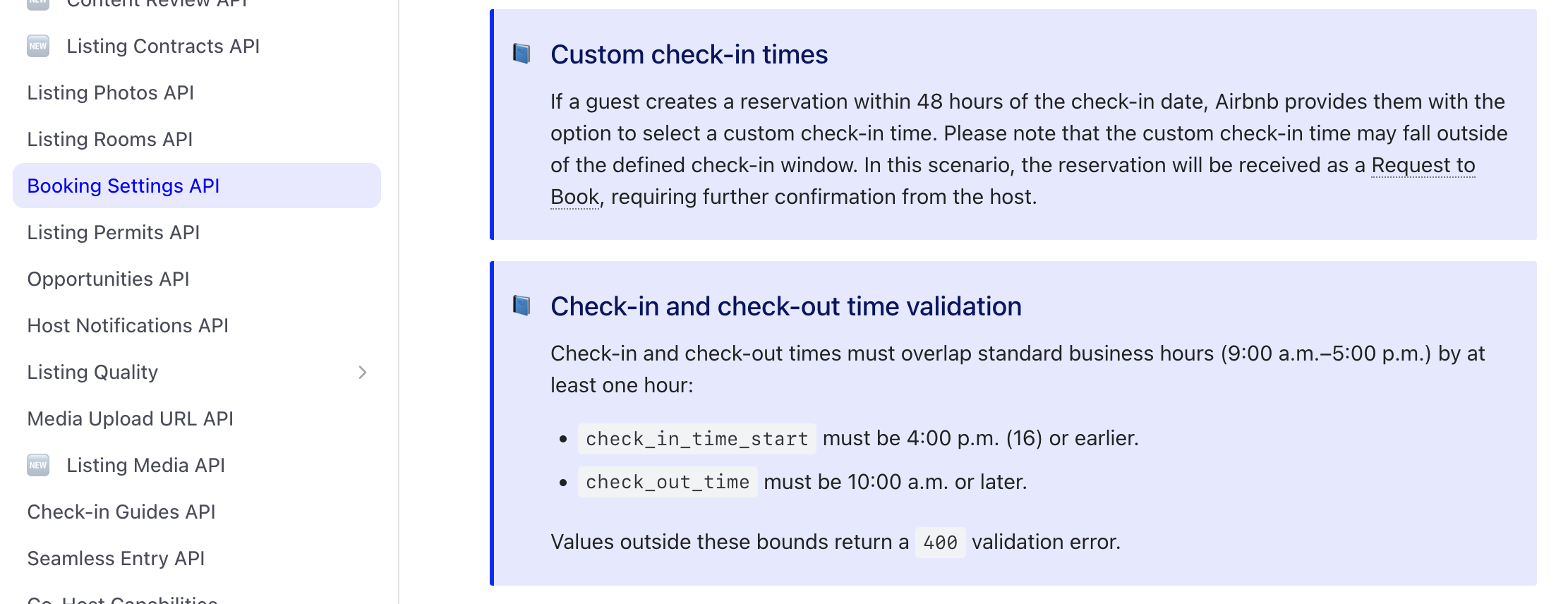 Screenshot of Airbnb documentation listing allowed check-in times, with 4pm as the latest option