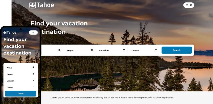 Tahoe vacation rental website theme, homepage design